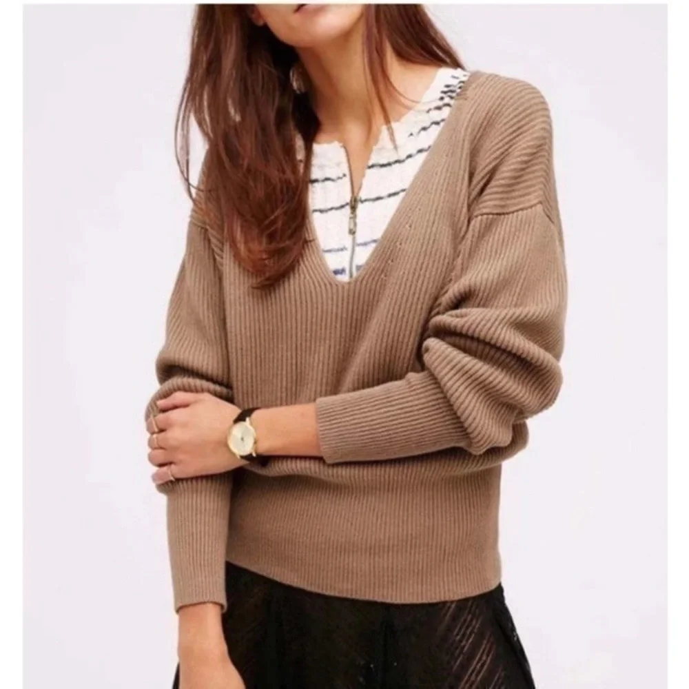Free People Allure Taupe V-neck Sweater